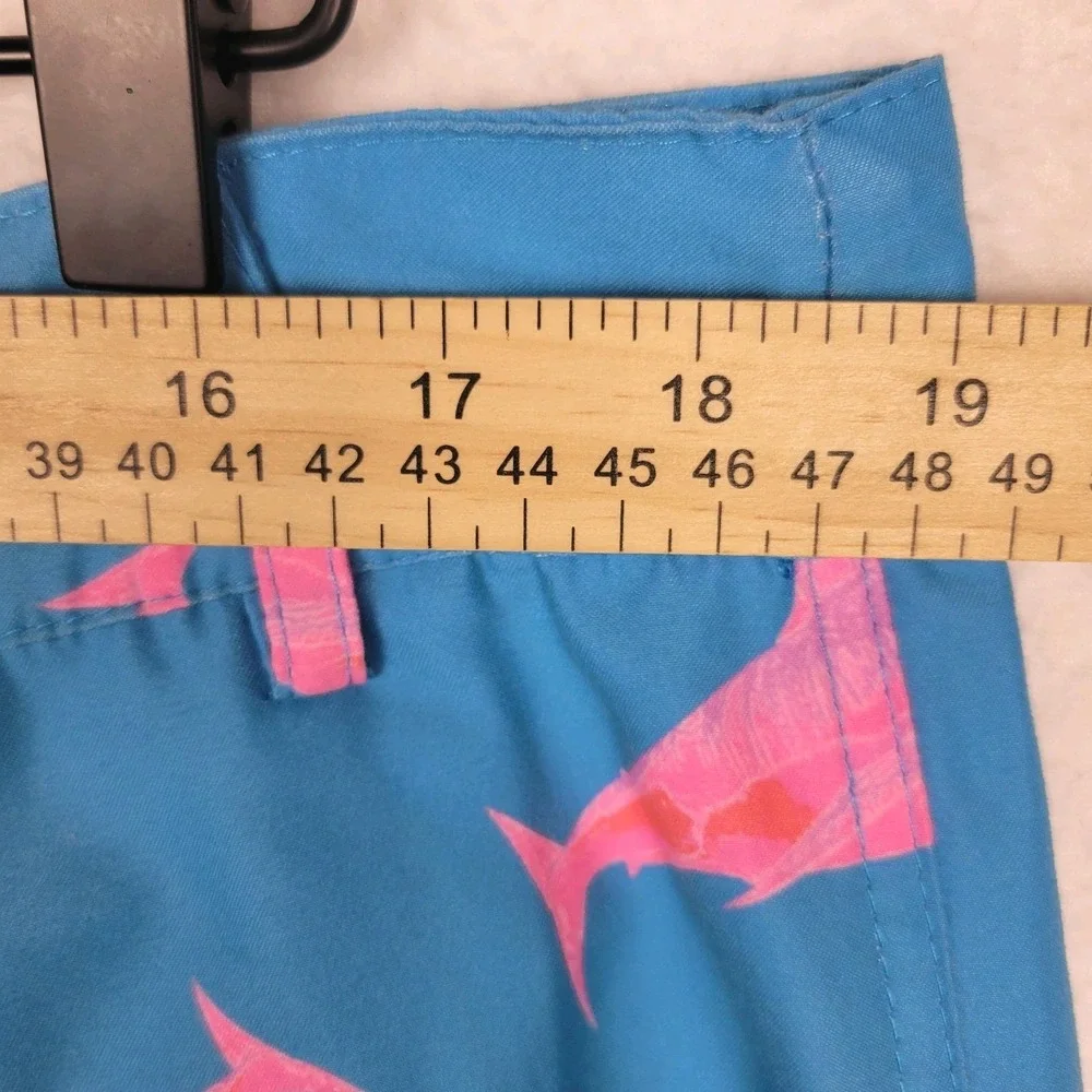 Native Blue Pink Shark Print Swim Trunks Mens M Board Shorts Zip Pocket Vacation